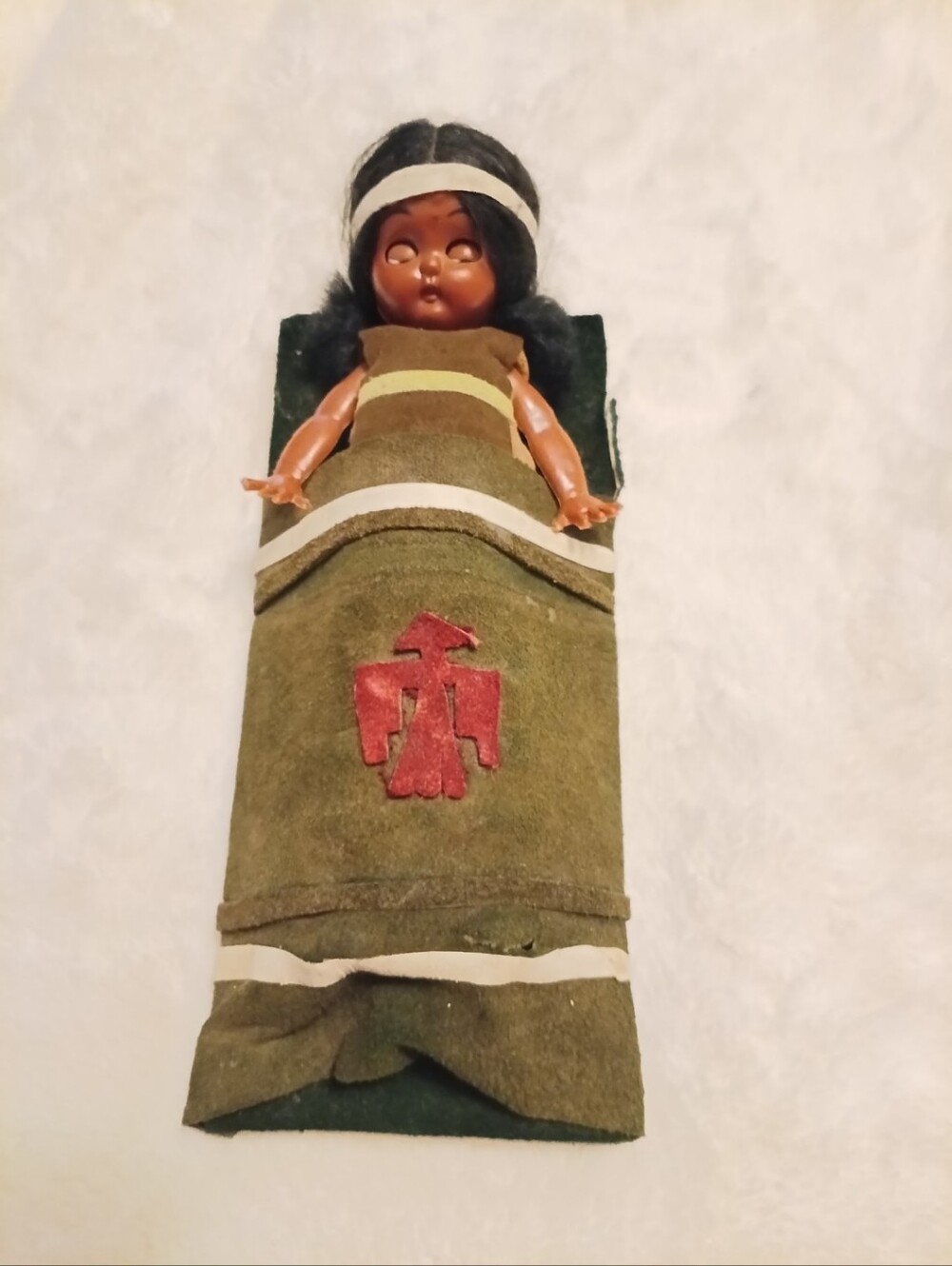 Vintage Native Sleep Sack Doll in Olive Green with Red Emblem
